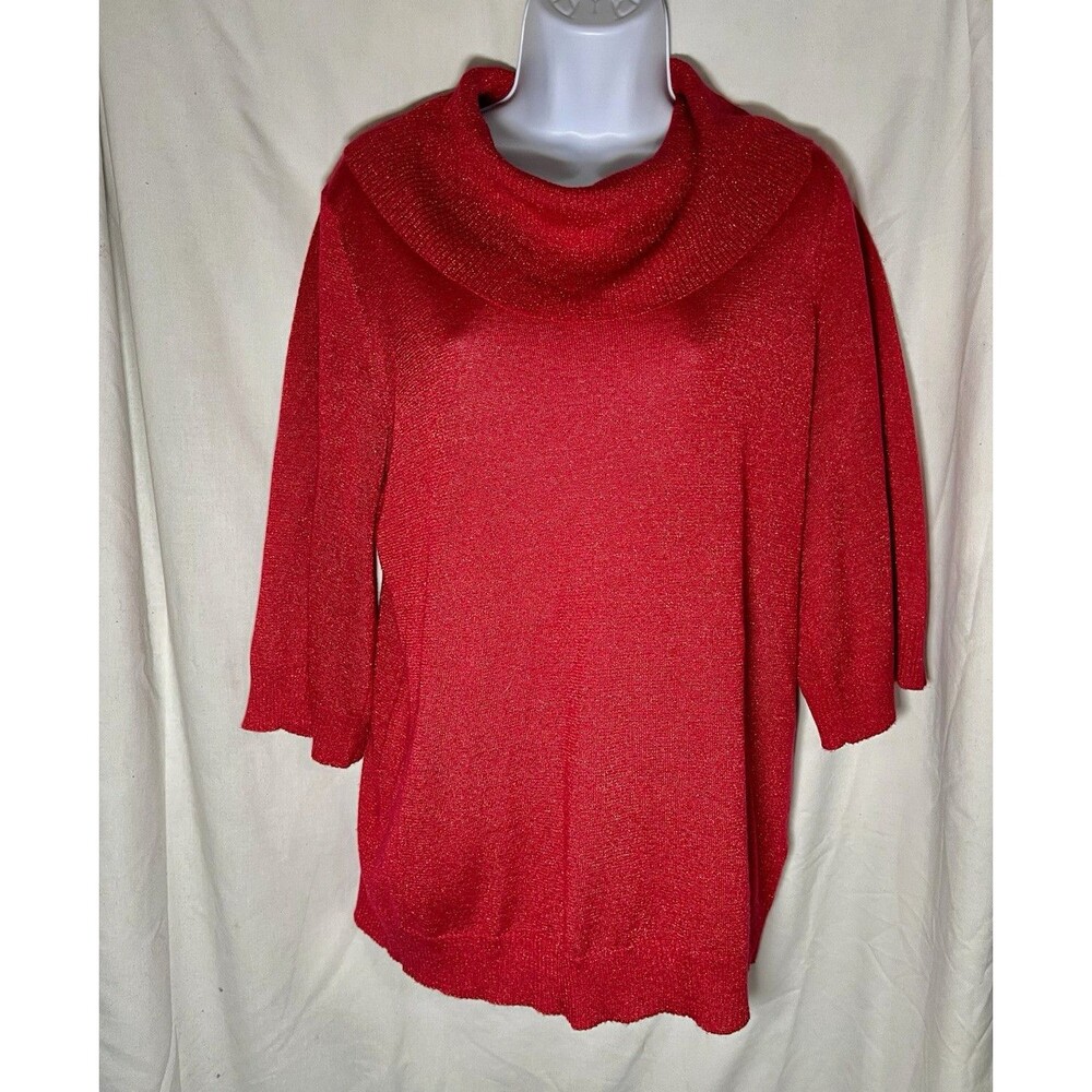Hampshire Studio Women's Red Knit Cowl Neck Metallic Thread Pullover Sweater M